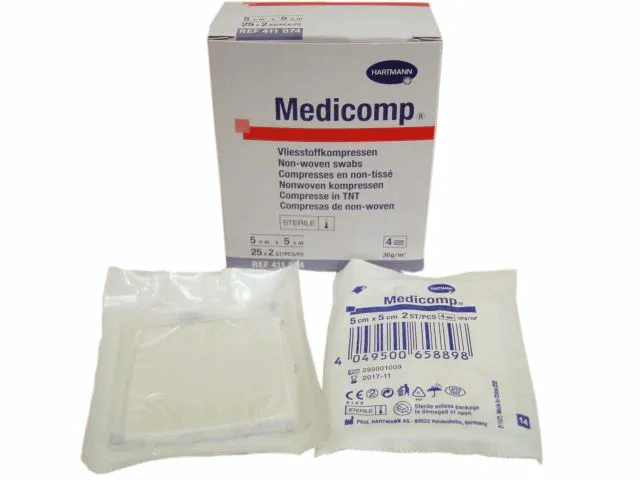 Tejido no tejido "Medicomp" 5 cm* 5  cm. Estéril. (40 sobres de 5 uds)