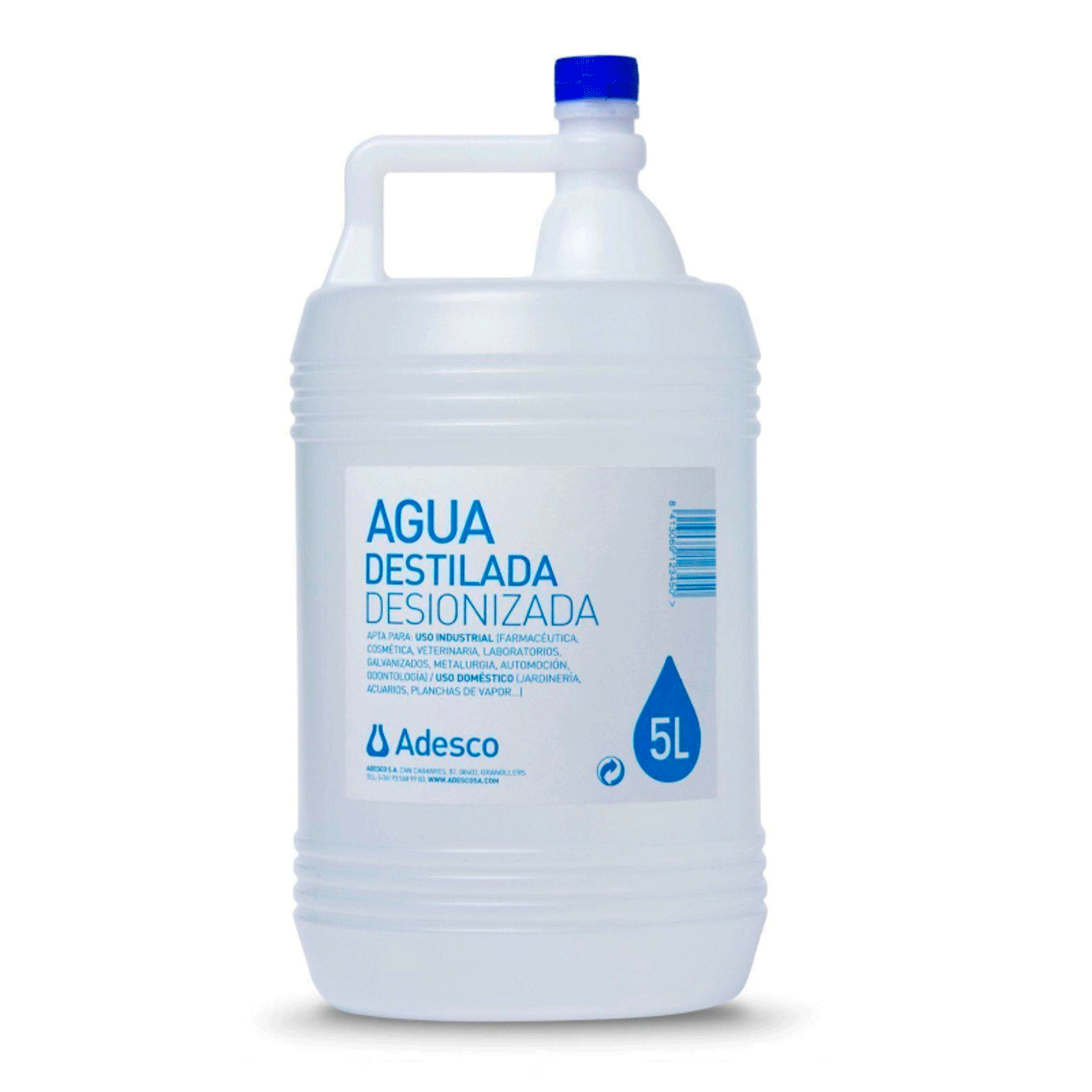 Agua destilada desionizada. Garrafa 5 l.