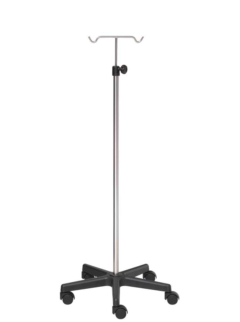 Soporte de sueros, cromado, base PVC gris, 5 ruedas