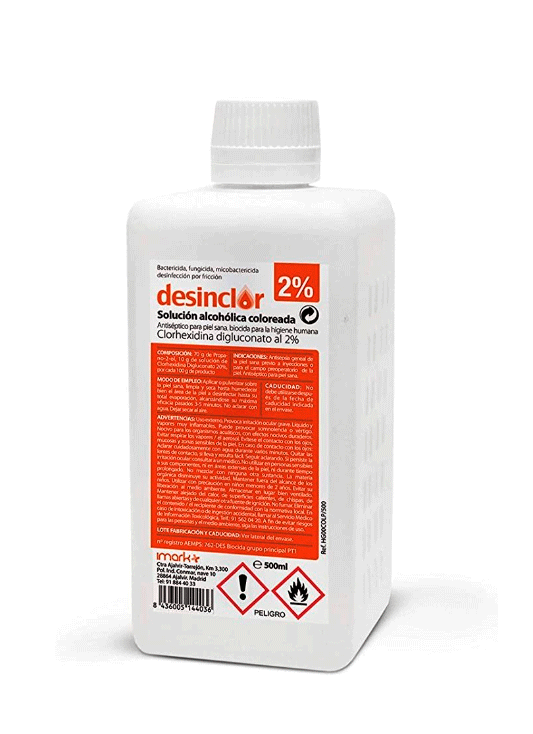 DESINCLOR clorhexidina coloreada 2% . 500 ml. (Caja 20 uds)