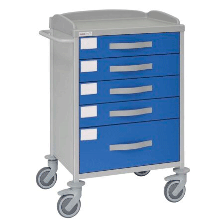 Carro HOSPITALARIO multifuncional, acero pintado, 5 cajones, empujador, 62x53x100 cm
